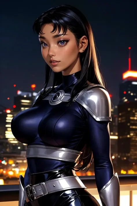 (ultra realistic,32k, masterpiece:1.2),(high detailed skin:1.1),( high quality:1.1),
<lora:Blackfire_v2:0.8>blackfire,clenched teeth, 1girl, solo, black eyes, purple eyes, black hair, very long hair, sidelocks, dark skin, dark-skinned female,black bodysuit, silver armor, long sleeves, silver belt, black skirt, black leggings,blurry background,, (huge breast,large breast:1.1),(looking at viewer, portrait:1.1),, <lora:add_detail:0.76>,
(lighting:1.1),