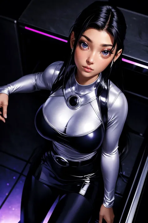 (ultra realistic,32k, masterpiece:1.2),(high detailed skin:1.1),( high quality:1.1),
<lora:Blackfire_v2:0.8>blackfire,thinking, 1girl, solo, black eyes, purple eyes, black hair, very long hair, sidelocks, dark skin, dark-skinned female,black bodysuit, silver armor, long sleeves, silver belt, black skirt, black leggings,An environment with lights like a disco and dance floor blurry background,, (huge breast,large breast:1.2),(looking at viewer, lying, from above:1.1),, <lora:add_detail:0.86>,
(glow in the dark:1.1),