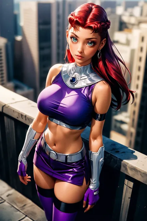 (ultra realistic,32k, masterpiece:1.2),(high detailed skin:1.1),( high quality:1.1),
<lora:Starfire_v3:0.8>starfire,happy,  1girl, solo, green eyes, long hair, red hair, orange skin, dark skin, dark-skinned female,purple miniskirt, purple crop top, sleeveless, bare shoulders, purple thighhighs, midriff, armlet, gloves, vambraces,blurry background,, (huge breast,large breast:1.2),(looking at viewer, standing from above:1.1),, <lora:add_detail:0.93>,
(tenebrism:1.1),