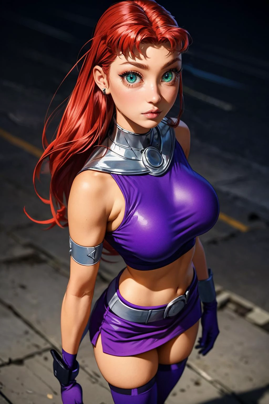 (ultra realistic,32k, masterpiece:1.2),(high detailed skin:1.1),( high quality:1.1),
<lora:Starfire_v3:0.8>starfire,serious, 1girl, solo, green eyes, long hair, red hair, orange skin, dark skin, dark-skinned female,purple miniskirt, purple crop top, sleeveless, bare shoulders, purple thighhighs, midriff, armlet, gloves, vambraces,blank background blurry background,, (huge breast,large breast:1.2),(looking at viewer, standing, from above:1.1),, <lora:add_detail:0.77>,
(lighting:1.1),