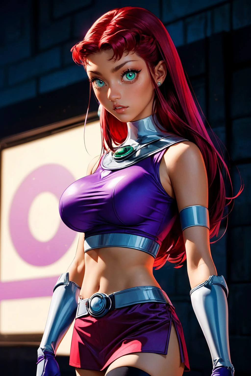 (ultra realistic,32k, masterpiece:1.2),(high detailed skin:1.1),( high quality:1.1),
<lora:Starfire_v3:0.8>starfire,angry, 1girl, solo, green eyes, long hair, red hair, orange skin, dark skin, dark-skinned female,purple miniskirt, purple crop top, sleeveless, bare shoulders, purple thighhighs, midriff, armlet, gloves, vambraces,blurry background,, (huge breast,large breast:1.2),(looking at viewer, standing:1.1),, <lora:add_detail:0.84>,
(neon pastel light:1.1),