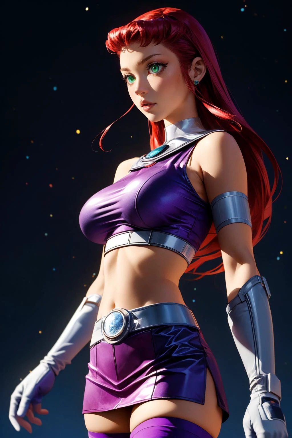 (ultra realistic,32k, masterpiece:1.2),(high detailed skin:1.1),( high quality:1.1),
<lora:Starfire_v3:0.8>starfire,worried, 1girl, solo, green eyes, long hair, red hair, orange skin, dark skin, dark-skinned female,purple miniskirt, purple crop top, sleeveless, bare shoulders, purple thighhighs, midriff, armlet, gloves, vambraces,blank background, colorful light shiny stars starry night background blurry background,, (huge breast,large breast:1.2),fighting pose, <lora:add_detail:0.79>,
(volumetric lighting:1.1),