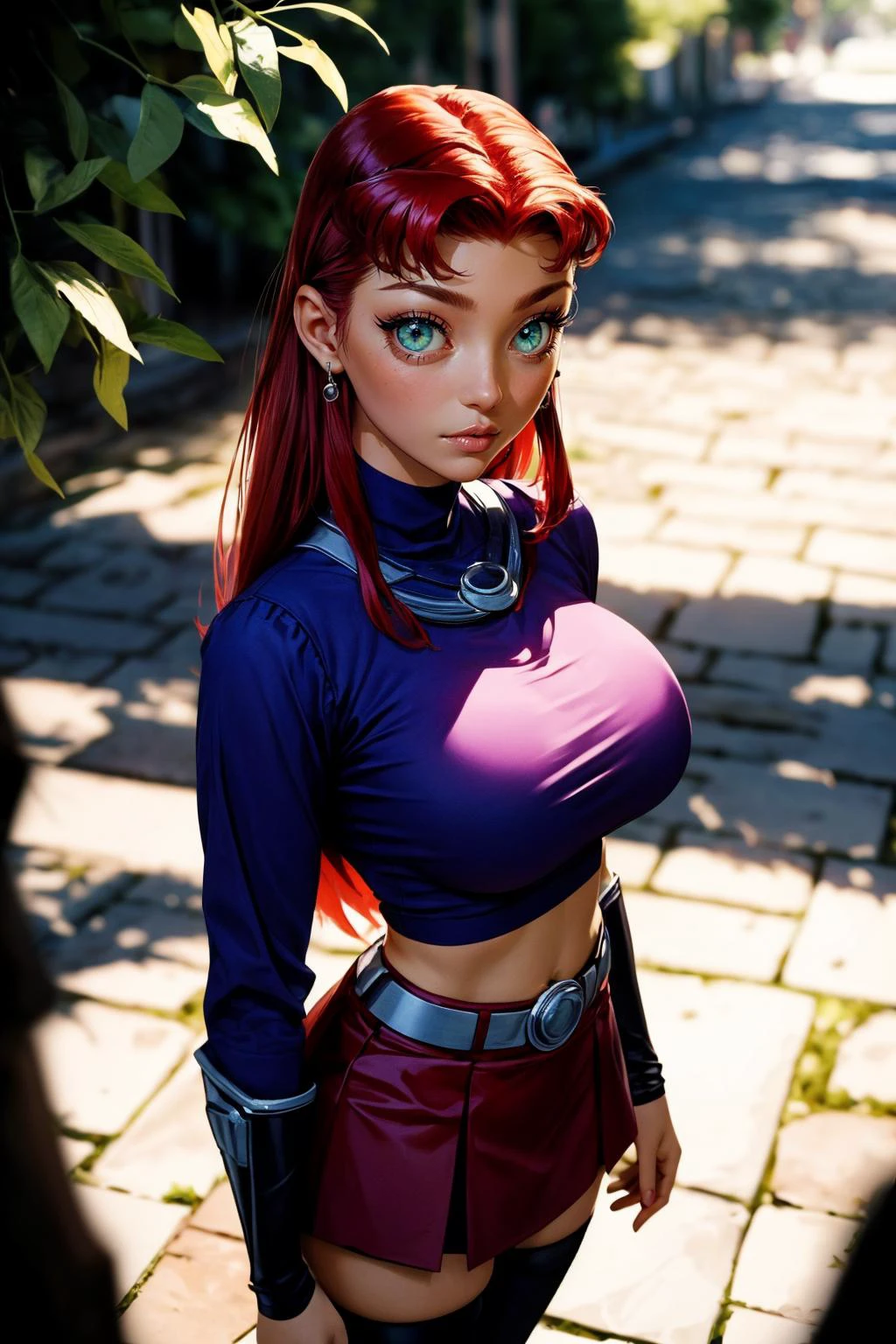 (ultra realistic,32k, masterpiece:1.2),(high detailed skin:1.1),( high quality:1.1),
<lora:Starfire_v3:0.8>starfire,v-shaped eyebrows, 1girl, solo, green eyes, long hair, red hair, orange skin, dark skin, dark-skinned female,turtleneck top,ruffle skirt,long sleeves, thigh highs, mediterranean town park,sunshine, trees,blurry background,, (huge breast,large breast:1.2),(looking at viewer, standing, from above:1.1),, <lora:add_detail:0.77>,
(moody lighting:1.1),