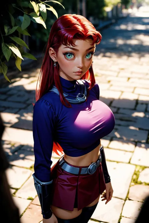 (ultra realistic,32k, masterpiece:1.2),(high detailed skin:1.1),( high quality:1.1),
<lora:Starfire_v3:0.8>starfire,v-shaped eyebrows,  1girl, solo, green eyes, long hair, red hair, orange skin, dark skin, dark-skinned female,turtleneck top,ruffle skirt,long sleeves, thigh highs, mediterranean town park,sunshine, trees,blurry background,, (huge breast,large breast:1.2),(looking at viewer, standing, from above:1.1),, <lora:add_detail:0.77>,
(moody lighting:1.1),