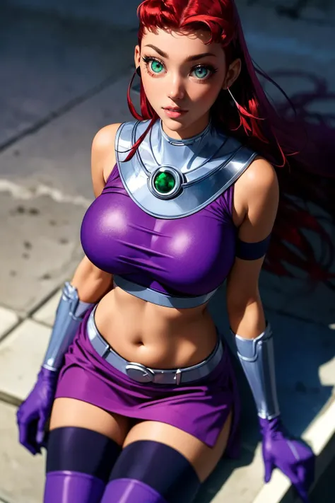 (ultra realistic,32k, masterpiece:1.2),(high detailed skin:1.1),( high quality:1.1),
<lora:Starfire_v3:0.8>starfire,clenched teeth,  1girl, solo, green eyes, long hair, red hair, orange skin, dark skin, dark-skinned female,purple miniskirt, purple crop top, sleeveless, bare shoulders, purple thighhighs, midriff, armlet, gloves, vambraces,blurry background,, (huge breast,large breast:1.2),(looking at viewer, lying, from above:1.1),, <lora:add_detail:0.77>,
(refraction:1.1),