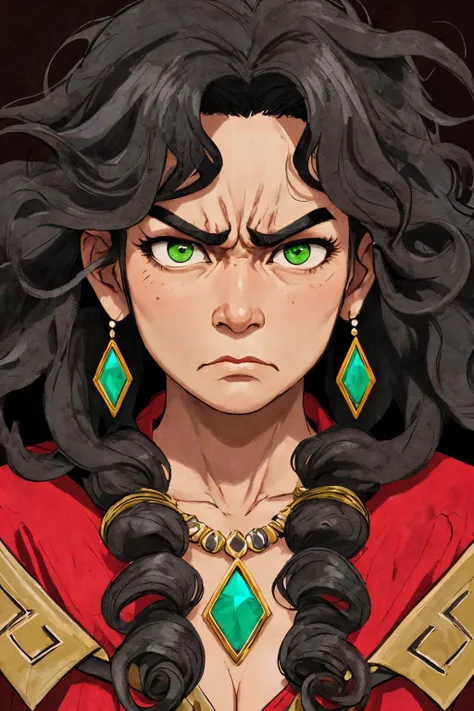 close-up photo portrait of a 60 yo samoan woman, black long curly hair, green eyes, angry face expression, chest red huge gem, necklace, chieftain, traditional, simple background