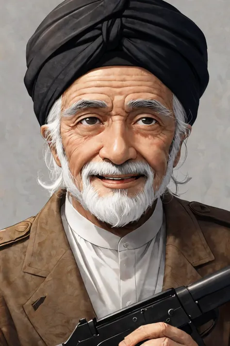 close-up photo portrait of a 80 yo aged Arab man, short grey hair, beard, black eyes, joyful face expression, turban, holding ak-47, military, simple background