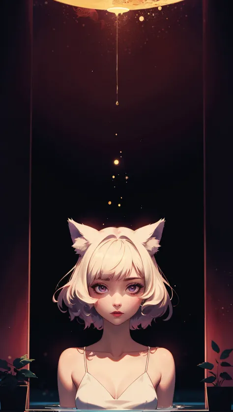 mythical doorway,1girl,(upper body:0.9),(gold eyes),inter-dimensional,witnessing greatness,mature female,spontaneous,deepness,(white ambience),creative,(silhouette:1.4),portrait,cosmic,(white dress),luxury,gold trim,effortless,wise,true,dark theme,darkness,righteousness,dark reflective water,ethereal,13,highest quality,best shadow,immaculate infrared,(ultra-violet),glass,(plants),bioluminescence,(planetary:0.8),light map,depth map,medium hair,floating hair,(particle dust),cinematic,(wolf ears),fluff,(maroon background:1.2),