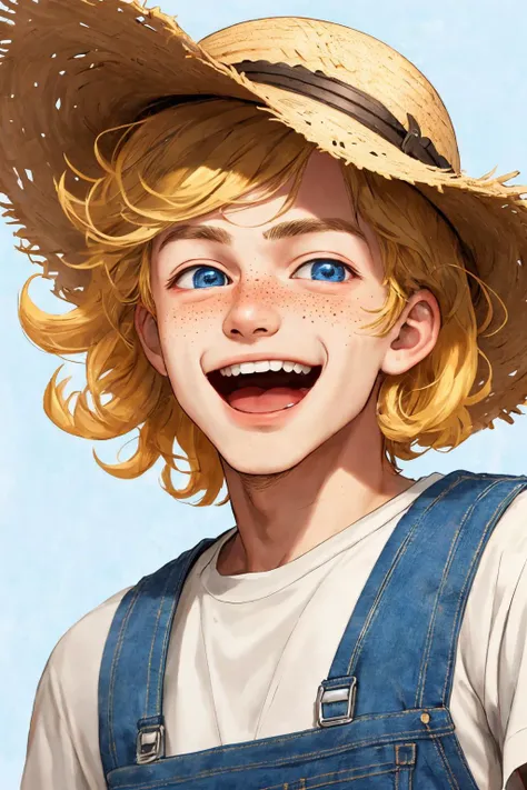 close-up photo portrait of a 20 yo european man, blond short curly hair, blue eyes, laughing face expression, freckles, denim overall, t-shirt, straw hat, farmer, simple background
