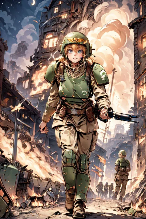 <lora:CadiaChanCitron:1>, ((blonde hair, long hair, astra militarum, helmet, green armor, skull print)):1.22,
BREAK ((((1woman)), young woman, adorable, clear face, young face, solo)), (((full body))):1.34, ((milky skin, curvy body, slender body, woman hands, good anatomy)), ((running posture, holding a rifle gun)):1.18,
BREAK soft light, cinematic lighting, detailed(shadow, glow),
BREAK <lora:add_detail:0.46>, extremely detailed, 4K, CG, finely detailed, (masterpiece, best quality):2.0, ((photorealistic:1.15)),
BREAK <lora:uber_saggy2:0.68>, saggy, sagging_breasts, <lora:Big_boobs:0.52>, ((huge breasts)), <lora:GoodHands-vanilla:0.75>,
((outdoors. ((night, smoke, bomb blast, fire, flame)), ruins, damaged building, starry sky, war, battlefield)), <lora:Night scene_20230715120543:0.64>,