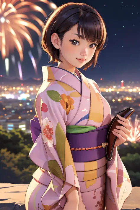 1girl,(wearing a yukata with floral pattern:1.2),(on a hill overlooking a city:1.4),(fireworks in the background:1.3),(RAW photo, best quality), (realistic, photo-realistic:1.4), masterpiece, an extremely delicate and beautiful, extremely detailed, 2k wallpaper, Amazing, finely detail, extremely detailed CG unity 8k wallpaper, ultra-detailed, highres, soft light, beautiful detailed girl, extremely detailed eyes and face, beautiful detailed nose, beautiful detailed eyes,cinematic lighting,city lights at night,starry sky,perfect anatomy,dynamic angle,modest pose,(short hair:1.2),(in the center of image),light smile
kyokofukadalora <lora:kyokofukadalora:1>