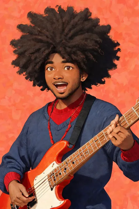 close-up photo portrait of a 45 yo african man, black afro hair, stubble, brown eyes, excited face expression, singing, red bass guitar, blue sweater, black bluesman, simple background