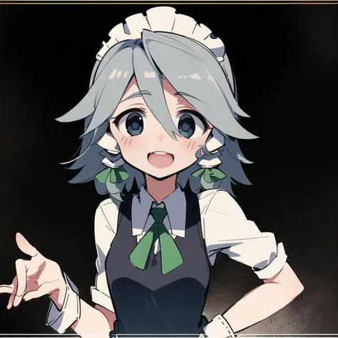 (masterpiece, detailed, high high quality, best quality, official art), 1girl, solo, sakuya izayoi, sleeveless,maid, skirt,green_ribbon, grey hair, short hair, empty eyes, grey eyes, smile, open mouth, nelaneki, <lora:nelCookie_v10:0.95>