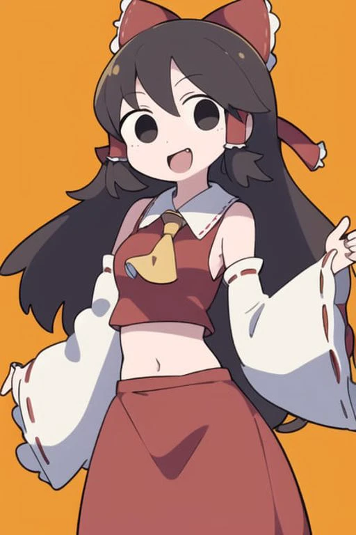 (masterpiece, detailed, high high quality, best quality, official art), 1girl, solo, hakurei reimu, wide sleeves, white sleeves, midriff, long skirt, yellow ascot, brown hair, long hair, empty eyes, black eyes, smile, open mouth, nelaneki, <lora:nel15:0.95>,