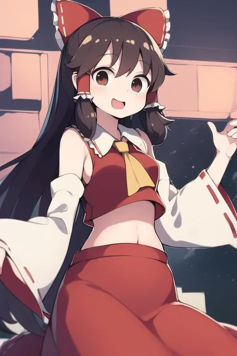 (masterpiece, detailed, high high quality, best quality, official art), 1girl, solo, hakurei reimu, wide sleeves, white sleeves, midriff, long skirt, yellow ascot, brown hair, long hair, empty eyes, black eyes, smile, open mouth, nelaneki, <lora:nel15:0.95:INS,MIDD>,