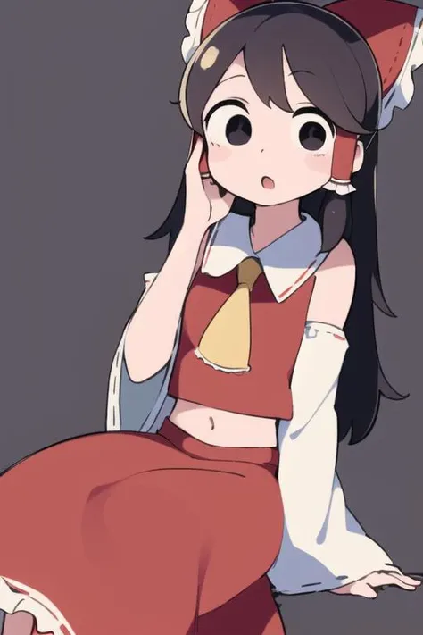 (masterpiece, detailed, high high quality, best quality, official art, fisheye), 1girl, solo, sitting, hand on own face, hakurei reimu, wide sleeves, white sleeves, midriff, long skirt, yellow ascot, brown hair, long hair, empty eyes, black eyes, expressionless, open mouth, nelaneki, <lora:nel15:0.9:INS,MIDD>
