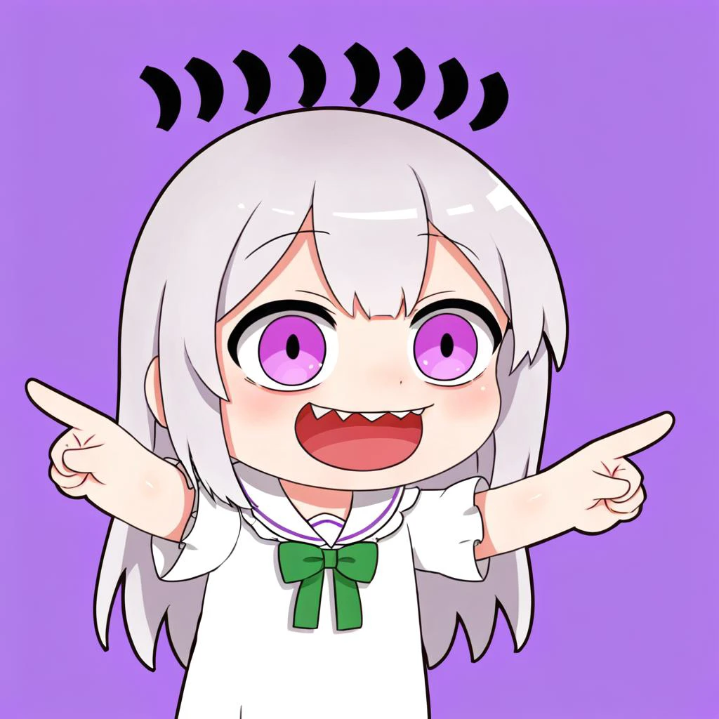 emilia, <lora:emilia_v0.0.1:1>, purple eyes, ð¤£ð pose, pointing, open mouth, smile, side view, chibi style, <lora:xl_ð¤£ð2_a3:0.85>, creepypasta, <lora:Creepy_Character_XL:1.15>, creepycharacter style, dumb eyes in different directions, simple background,