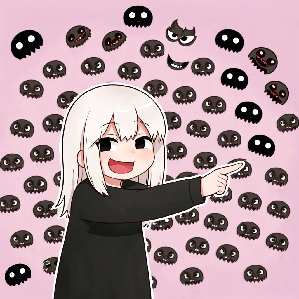 <lora:EchidnaV2.1:1> echidna, smile, black dress, long sleeves, hair ornament, ð¤£ð pose, pointing, open mouth, smile, side view, chibi style, <lora:xl_ð¤£ð2_a3:0.85>, creepypasta, <lora:Creepy_Character_XL:1.0>, creepycharacter style, dumb face