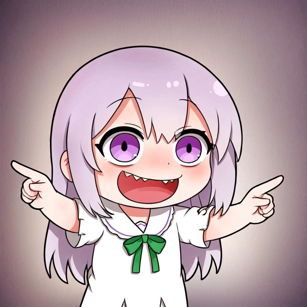 emilia, <lora:emilia_v0.0.1:1>, purple eyes, ð¤£ð pose, pointing, open mouth, smile, side view, chibi style, <lora:xl_ð¤£ð2_a3:0.85>, creepypasta, <lora:Creepy_Character_XL:1.15>, creepycharacter style, spread eyes