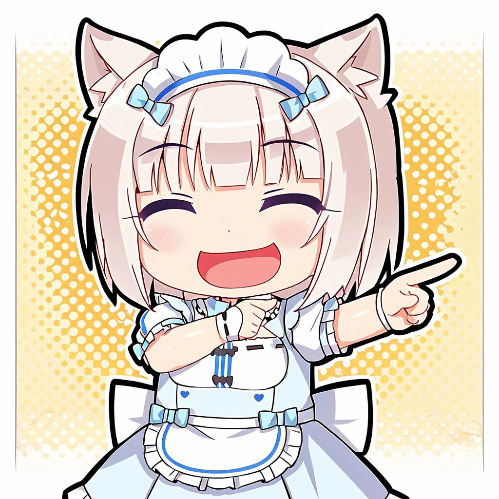 <lora:SDXL-Nekopara-Base-Lora:1> nekopara, Vanilla_\(nekopara\), white and blue maid dress,ð¤£ð pose, ^ ^, :D, pointing, open mouth, smile, side view, chibi style, <lora:xl_ð¤£ð2_a3:0.85>