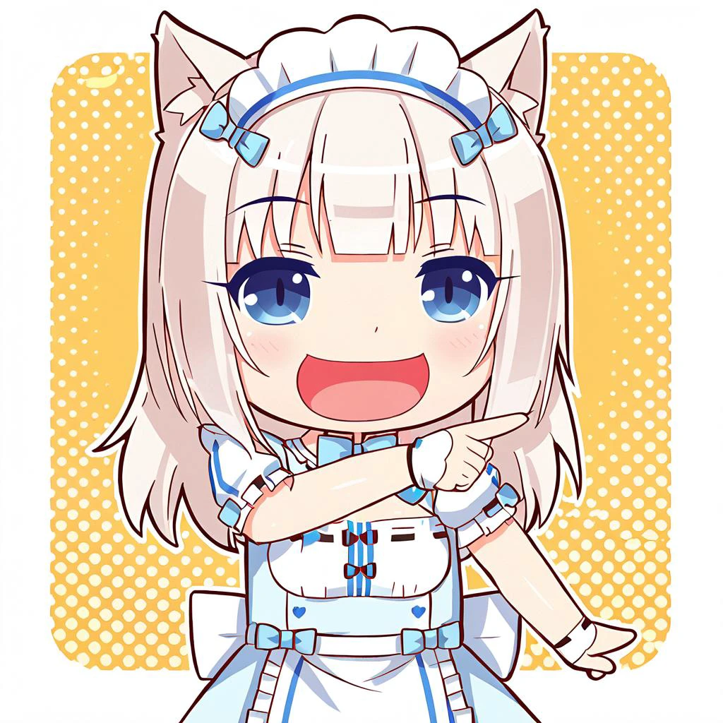 <lora:SDXL-Nekopara-Base-Lora:1> nekopara, Vanilla_\(nekopara\), white and blue maid dress,ð¤£ð pose, ^ ^, :D, pointing, open mouth, smile, side view, chibi style, <lora:xl_ð¤£ð2_a3:0.85>