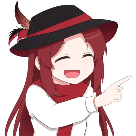 <lora:xl_ð¤£ð2_a3:1>,ð¤£ð pose,solo,closed eyes,pointing,open mouth,smile,^ ^,:dwhite background,white background,1girl,red hair, hat, hat feather, red scarf,<lora:DPOXL:1> <lora:JXXLV1-000062:1>