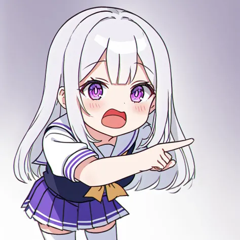 emilia, purple eye with white piupil, white high boots, school uniform, <lora:EmiliaV32-000080:0.5>, <lora:xl_ð¤£ð(pony):1> ð¤£ð pose, pointing, open mouth