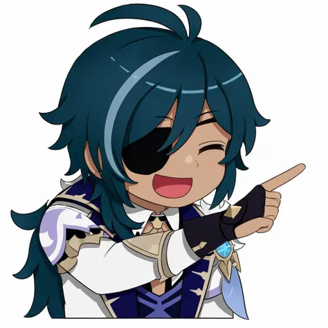 <lora:xl_ð¤£ð2_a3:1>,ð¤£ð pose,solo,closed eyes,pointing,open mouth,smile,^ ^,:d,white background,simple background,Kaeya Alberich \(genshin impact\),male focus,1boy,eyepatch,