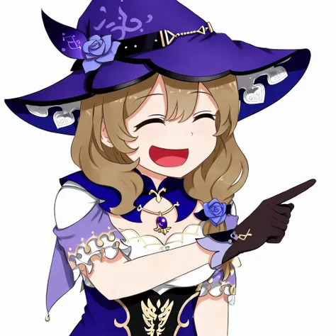 <lora:xl_ð¤£ð2_a3:1>,ð¤£ð pose,solo,closed eyes,pointing,open mouth,smile,^ ^,:d,white background,simple background,Lisa \(genshin impact\),witch hat,gloves,