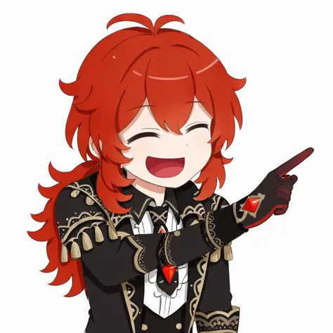 <lora:xl_ð¤£ð2_a3:1>,ð¤£ð pose,solo,closed eyes,pointing,open mouth,smile,^ ^,:d,white background,simple background,Diluc \(genshin impact\),