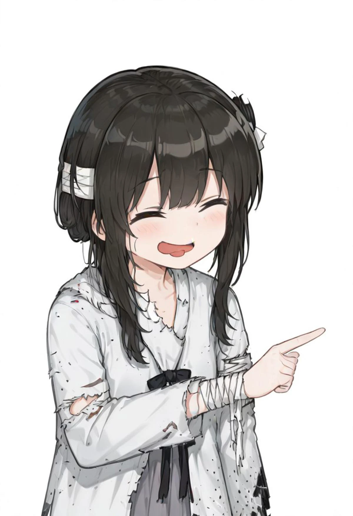 (white_backgriound:1.5),🤣👉 pose,solo,closed eyes,pointing,open mouth,smile,^ ^,
1girl,michiho,solo,grey eyes, black hair,grey dress,long sleeves, bandages,torn clothes,hair ornament,
upper_body,
tongue out,closed eyes,blush,smile,upper body,
masterpiece,best quality,