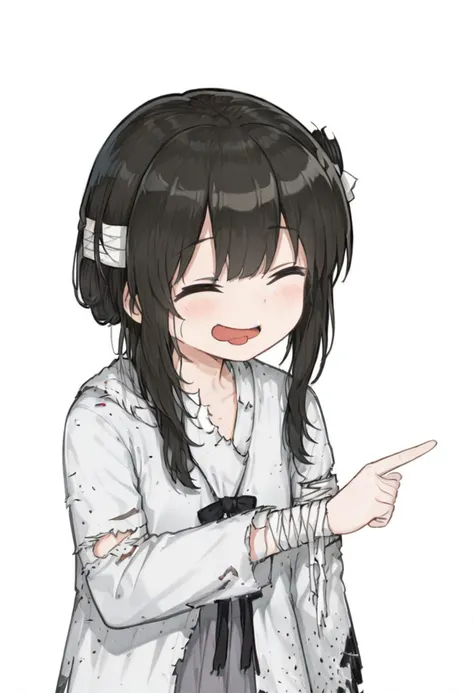 (white_backgriound:1.5),🤣👉 pose,solo,closed eyes,pointing,open mouth,smile,^ ^,
1girl,michiho,solo,grey eyes, black hair,grey dress,long sleeves, bandages,torn clothes,hair ornament, 
upper_body,
tongue out,closed eyes,blush,smile,upper body,
masterpiece,best quality,