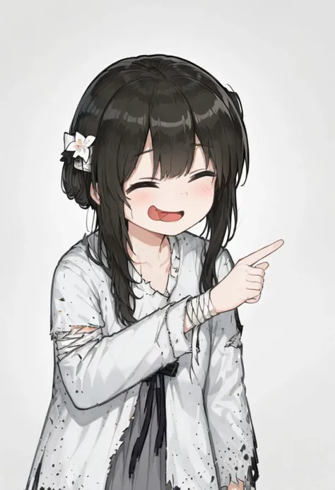 (white_backgriound:1.5),🤣👉 pose,solo,closed eyes,pointing,open mouth,smile,^ ^,
1girl,michiho,solo,grey eyes, black hair,grey dress,long sleeves, bandages,torn clothes,hair ornament, 
upper_body,
tongue out,closed eyes,blush,smile,upper body,
masterpiece,best quality,