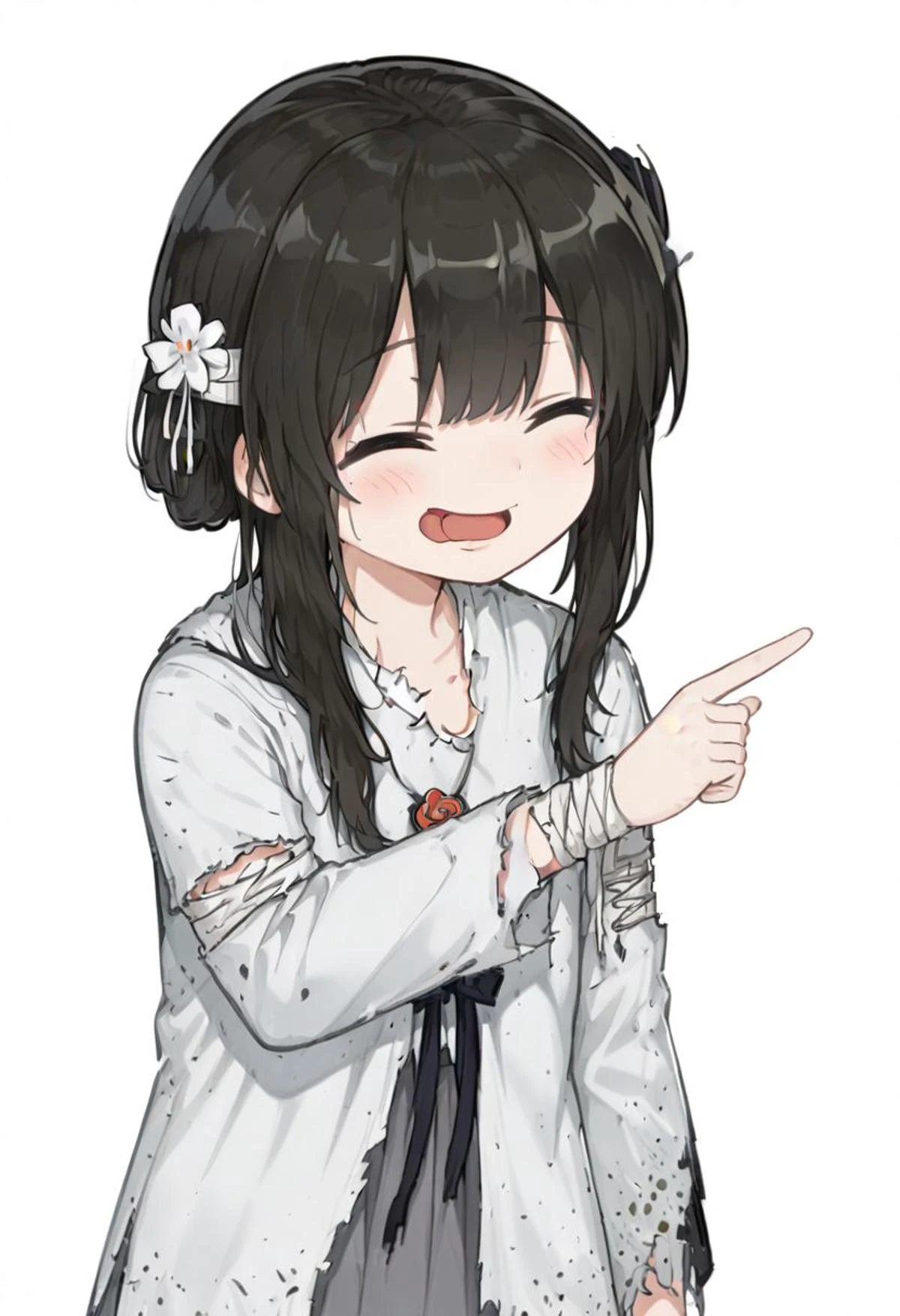 (white_backgriound:1.5),🤣👉 pose,solo,closed eyes,pointing,open mouth,smile,^ ^,
1girl,michiho,solo,grey eyes, black hair,grey dress,long sleeves, bandages,torn clothes,hair ornament,
upper_body,
tongue out,closed eyes,blush,smile,upper body,
masterpiece,best quality,