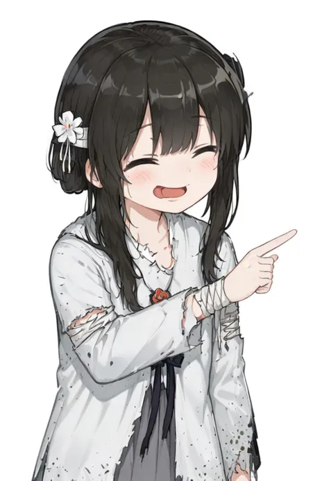 (white_backgriound:1.5),🤣👉 pose,solo,closed eyes,pointing,open mouth,smile,^ ^,
1girl,michiho,solo,grey eyes, black hair,grey dress,long sleeves, bandages,torn clothes,hair ornament, 
upper_body,
tongue out,closed eyes,blush,smile,upper body,
masterpiece,best quality,