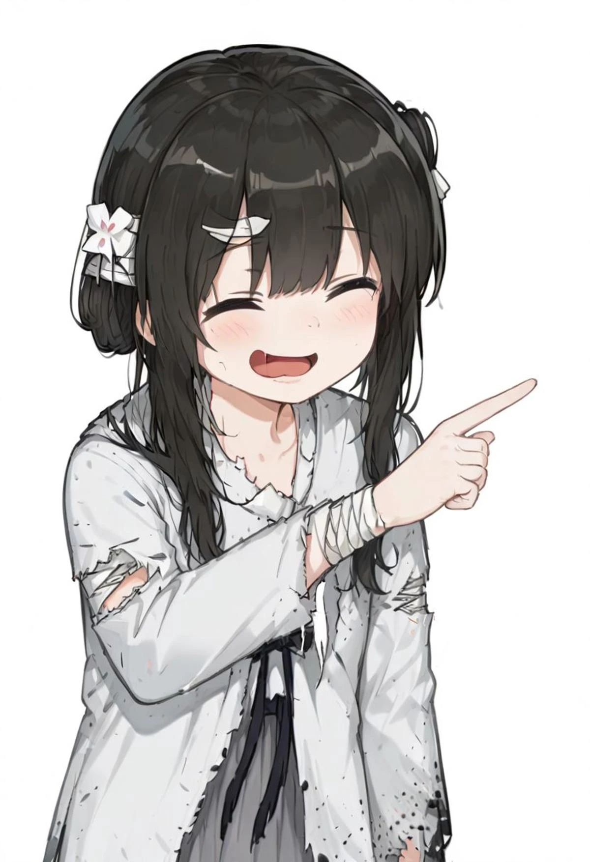 (white_backgriound:1.5),🤣👉 pose,solo,closed eyes,pointing,open mouth,smile,^ ^,
1girl,michiho,solo,grey eyes, black hair,grey dress,long sleeves, bandages,torn clothes,hair ornament,
upper_body,
tongue out,closed eyes,blush,smile,upper body,
masterpiece,best quality,