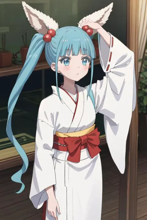 best quality, masterpiece, highres, solo, {white kimono:1.35}, {red hakama:1.35}, {wide sleeves:1.20}, {nijimi_anazawa_mahoushoujosite:1.15}, blue_hair, twintails, long_hair, blue_eyes, hair_ornament, hair_bobbles, blush, bangs