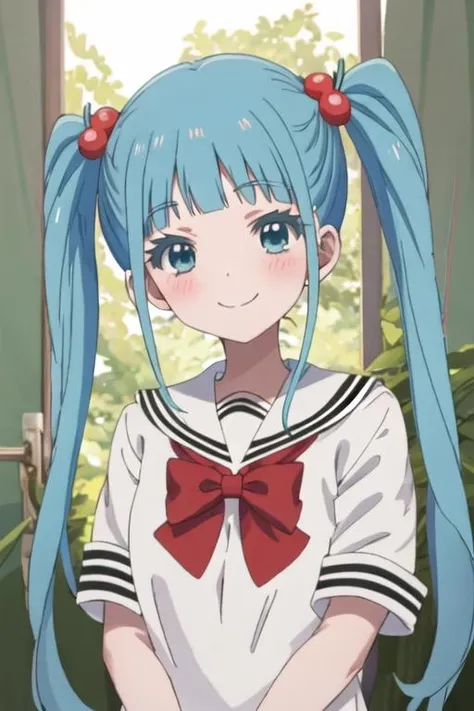 best quality, masterpiece, highres, solo, {nijimi_anazawa_mahoushoujosite:1.15}, blue_hair, twintails, long_hair, blue_eyes, hair_ornament, hair_bobbles, blush, bangs, 1girl, sailor_collar, school_uniform, serafuku, shirt, smile, sidelocks, upper_body, bow, red_bow, red_bowtie, bowtie, short_sleeves, closed_mouth, looking_at_viewer, white_sailor_collar