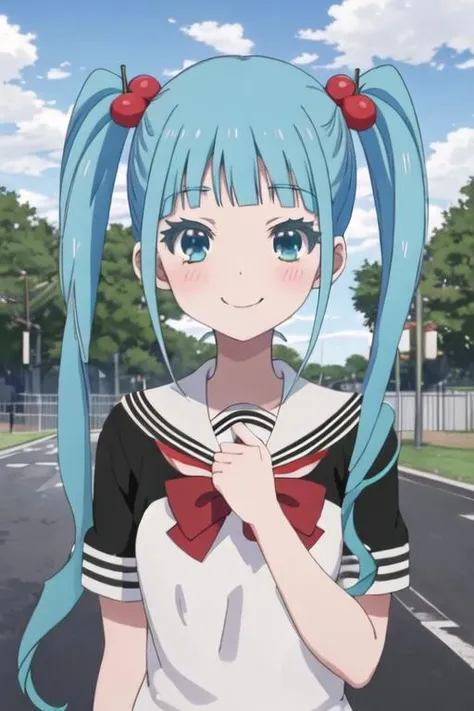 best quality, masterpiece, highres, solo, {nijimi_anazawa_mahoushoujosite:1.15}, blue_hair, twintails, long_hair, blue_eyes, hair_ornament, hair_bobbles, blush, bangs, 1girl, bow, cherry_hair_ornament, day, food-themed_hair_ornament, looking_at_viewer, school_uniform, serafuku, sky, upper_body, blue_sky, bowtie, red_bow, shirt, short_sleeves, smile, aqua_eyes, cloud, sidelocks
