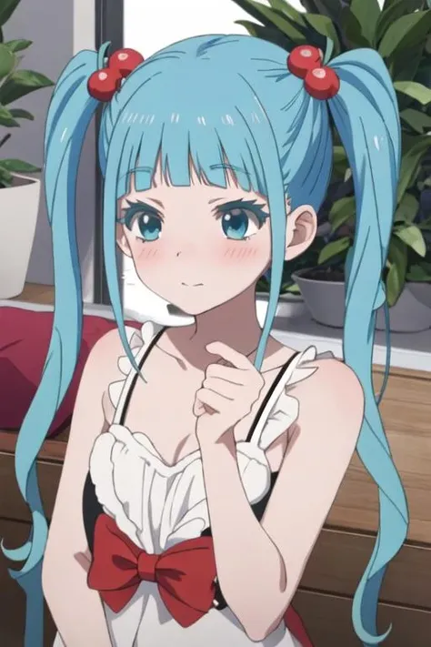 best quality, masterpiece, highres, solo, {nijimi_anazawa_mahoushoujosite:1.15}, blue_hair, twintails, long_hair, blue_eyes, hair_ornament, hair_bobbles, blush, bangs