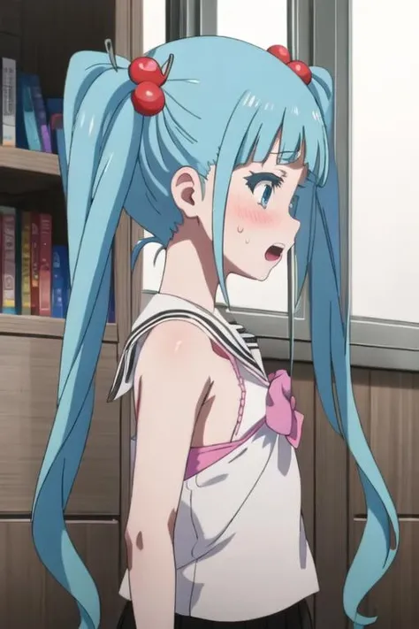 best quality, masterpiece, highres, solo, {nijimi_anazawa_mahoushoujosite:1.15}, blue_hair, twintails, long_hair, blue_eyes, hair_ornament, hair_bobbles, blush, bangs, 1girl, open_mouth, profile, anime_coloring, sweatdrop, bare_shoulders, from_side