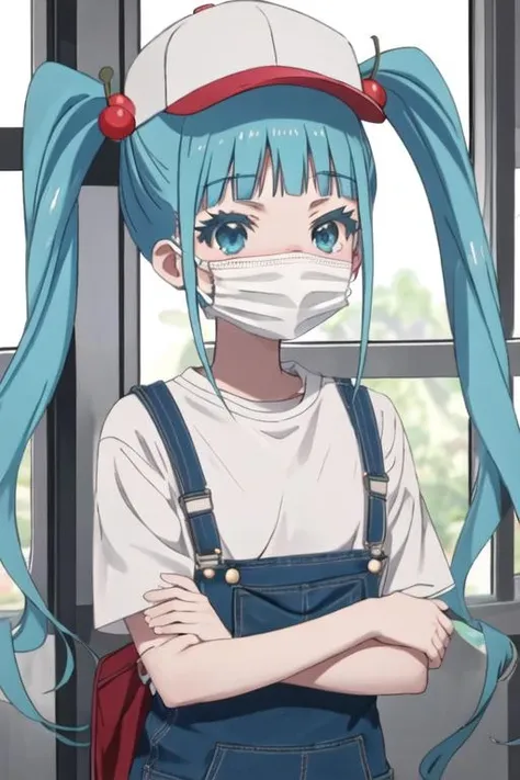 best quality, masterpiece, highres, solo, {nijimi_anazawa_mahoushoujosite:1.15}, blue_hair, twintails, long_hair, blue_eyes, hair_ornament, hair_bobbles, blush, bangs, 1girl, baseball_cap, hat, mask, mouth_mask, overalls, surgical_mask, looking_at_viewer, aqua_eyes, shirt, train_interior, upper_body