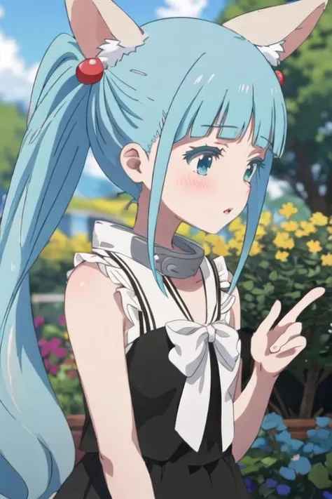 best quality, masterpiece, highres, solo, {nijimi_anazawa_mahoushoujosite:1.15}, blue_hair, twintails, long_hair, blue_eyes, hair_ornament, hair_bobbles, blush, bangs, 1girl, blue_sky, blurry, blurry_background, collar, day, from_side, outdoors, profile, sky, cloud, animal_ears, bare_shoulders, blunt_bangs, depth_of_field, looking_away, parted_lips, ponytail, tree