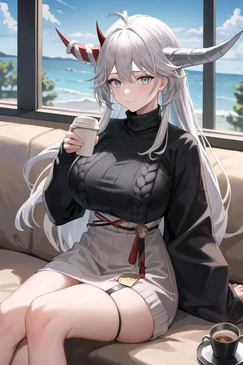 masterpiece, best quality, HakuryuuV4, 1girl, solo, long hair, breasts, looking at viewer, large breasts, indoors, cup, holding coffee, couch, ((black sweater, sleeves, sleeves past wrist)), slight smile, white hair, horns, sky, grey eyes, <lora:HakuryuuV4-15:0.7>
