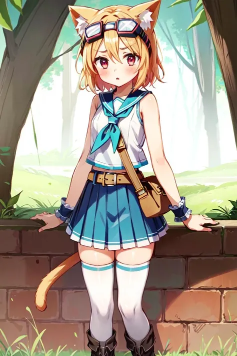 <lora:Cocoa-000006:0.9>, Cocoa, 1girl, blonde hair, short hair, cat ears, hair between eyes, red eyes, alternate_outfit, white vest, midriff, blue pleated skirt, sleeveless, belt, leather boots, blue neckerchief, blue wrist cuffs, white thighhighs, blue goggles on head, shoulder bag, cat tail, :o, closed mouth, standing, raised eyebrows, blush, masterpiece, best quality,