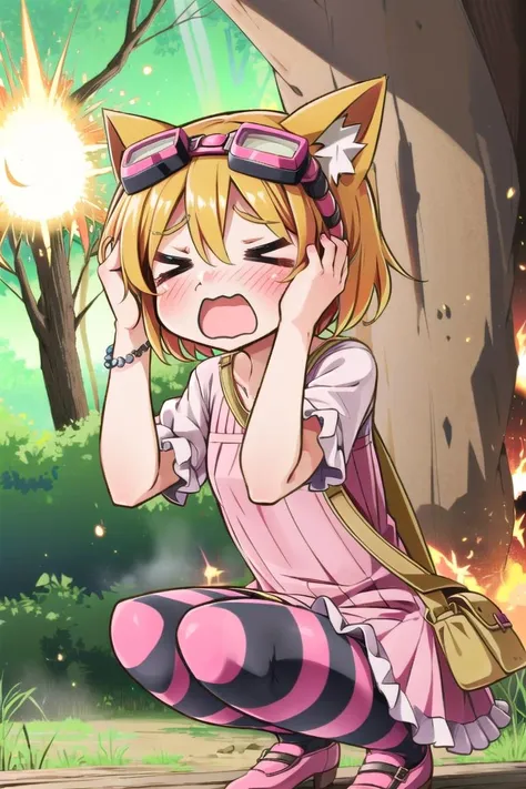 <lora:Cocoa-000006:0.8>, Cocoa, 1girl, blonde hair, short hair, cat ears, striped thighhighs, pink dress, frills, puffy short sleeves, hair between eyes, white shirt, bracelet, goggles on head, shoulder bag, (covering ears:1.5), squatting, screaming, open mouth, surprised, (explosion:1.2), wavy mouth, closed eyes, <lora:moreExpressions2:0.7>, (>.<:1.5), taking cover, cowering, outdoors, forest, masterpiece, best quality,