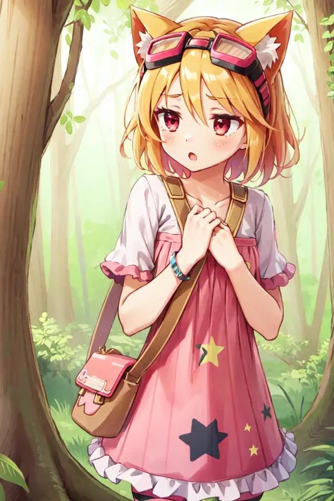<lora:Cocoa-000006:0.9>, Cocoa, 1girl, blonde hair, short hair, striped thighhighs, cat ears, pink dress, frills, puffy short sleeves, hair between eyes, red eyes, white shirt, bracelet, goggles on head, shoulder bag, hands on own chest, star print dress, <lora:EyeControl_Jitome_v2:0.8>, jitome, :o, looking away, outdoors, forest, masterpiece, best quality,