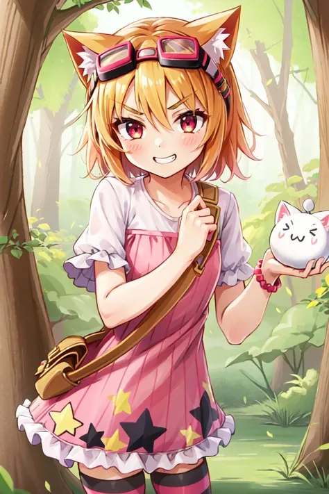 <lora:Cocoa-000006:0.9>, Cocoa, 1girl, blonde hair, short hair, cat ears, hair between eyes, red eyes, Cocoa, 1girl, blonde hair, short hair, striped thighhighs, cat ears, pink dress, frills, puffy short sleeves, hair between eyes, red eyes, white shirt, bracelet, goggles on head, shoulder bag, star print dress, outdoors, forest, holding bomb, bomb, v-shaped eyebrows, grin, fang, >.< face on bomb, masterpiece, best quality,