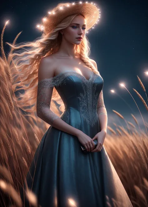 (((award winning photograph))), masterpiece, 75mm f1.2, perfectly composed, (3/4 view),
(gorgeous), 18 years old, blond braided hair, detailed glossy [blue] eyes, ((small breasts)), hyperdetailed skin, pores, perfect hands,  17th Century (Russian Princess) standing in tall field of wheat, (straw hat), (stars in background night sky), intricate details, (lace), subsurface scattering, volumetric light, good highlights, good shading, award winning, masterwork, good anatomy, good proportions, good composition, wind, (empty hands:1.2), dress slipping off shoulder, (beautiful skin texture), (nighttime, night shot:1.5)