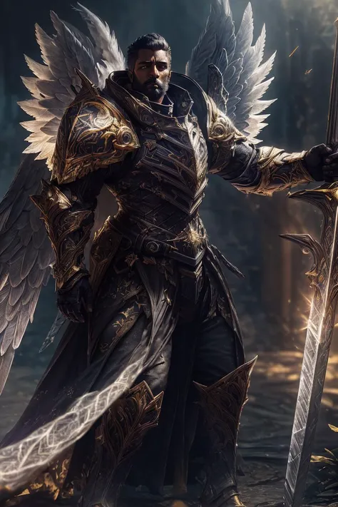 cell shading, digital art, bloom, dark and gloomy full body 8k photography, a man wearing a mix of PLD_armor and Parrley_armor, (big bulky futuristic armor), (angel wings:1.2) <lora:Parrley1:0.85>, <lora:PLD_armor:0.10>, <lora:AngelicWarriors_v1:0.45>, gold yonder hair, wielding a holy sword or spear, outdoors, action shot, tattered torn cloak, porcelain cracked skin, skin pores, detailed intricate iris, very dark lighting, heavy shadows, detailed, detailed face, (vibrant, dramatic, dark, sharp focus, 8k)
